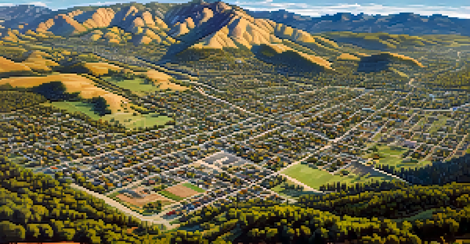 Aerial view of Boulder, showing its development from a small settlement into a growing community, with roads, buildings, and beautiful mountain scenery.