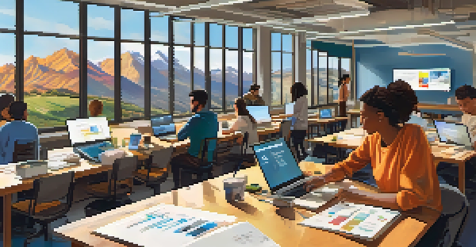 A lively tech workshop in Boulder with diverse participants collaborating on coding projects, illuminated by natural light and mountain views.