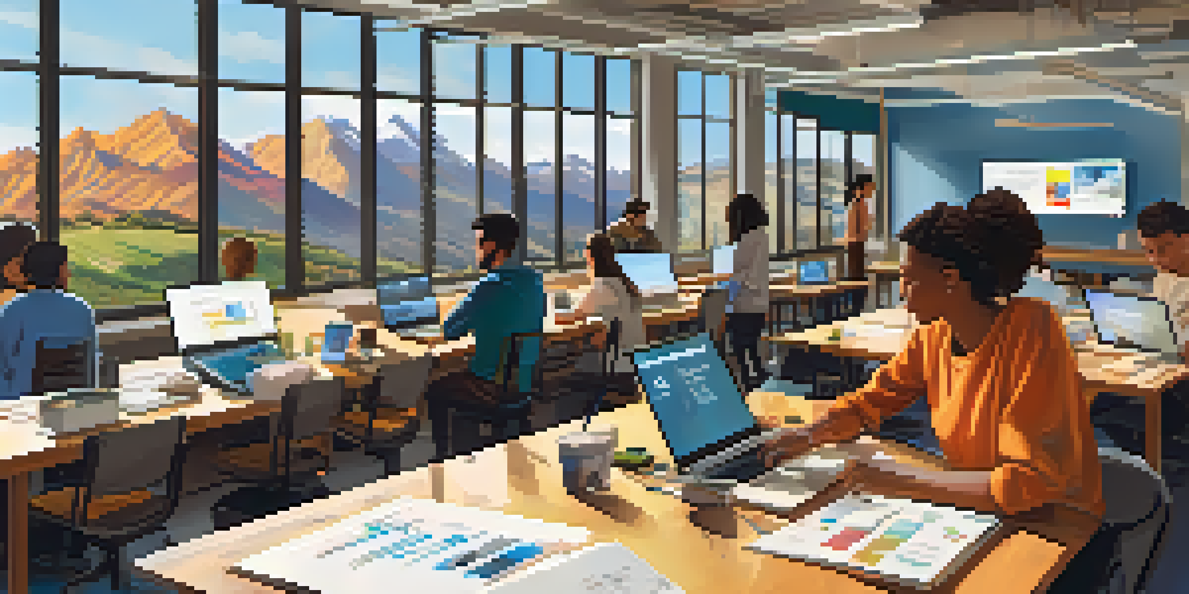 A lively tech workshop in Boulder with diverse participants collaborating on coding projects, illuminated by natural light and mountain views.
