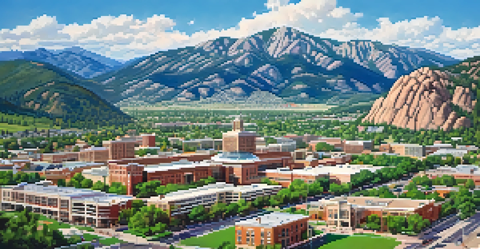 Aerial view of CU Boulder and the surrounding city against the Rocky Mountains.