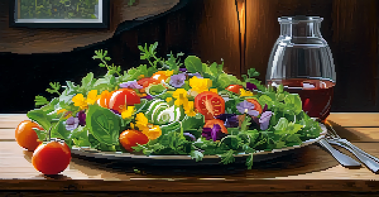 A beautifully plated farm-to-table salad with colorful vegetables and flowers in a cozy restaurant setting.