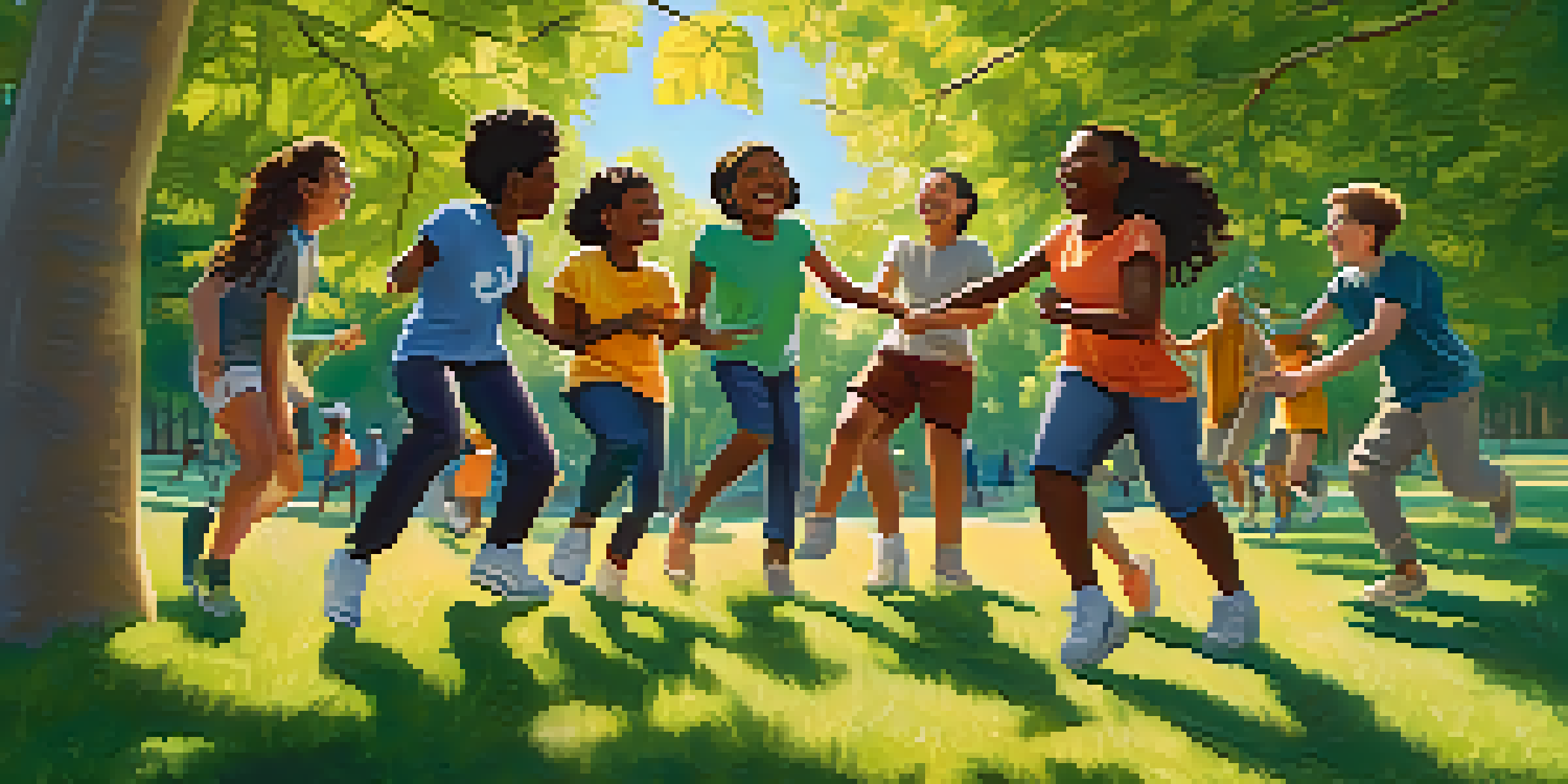 A diverse group of students participating in a team-building activity outdoors, facing a rope challenge in a green park.