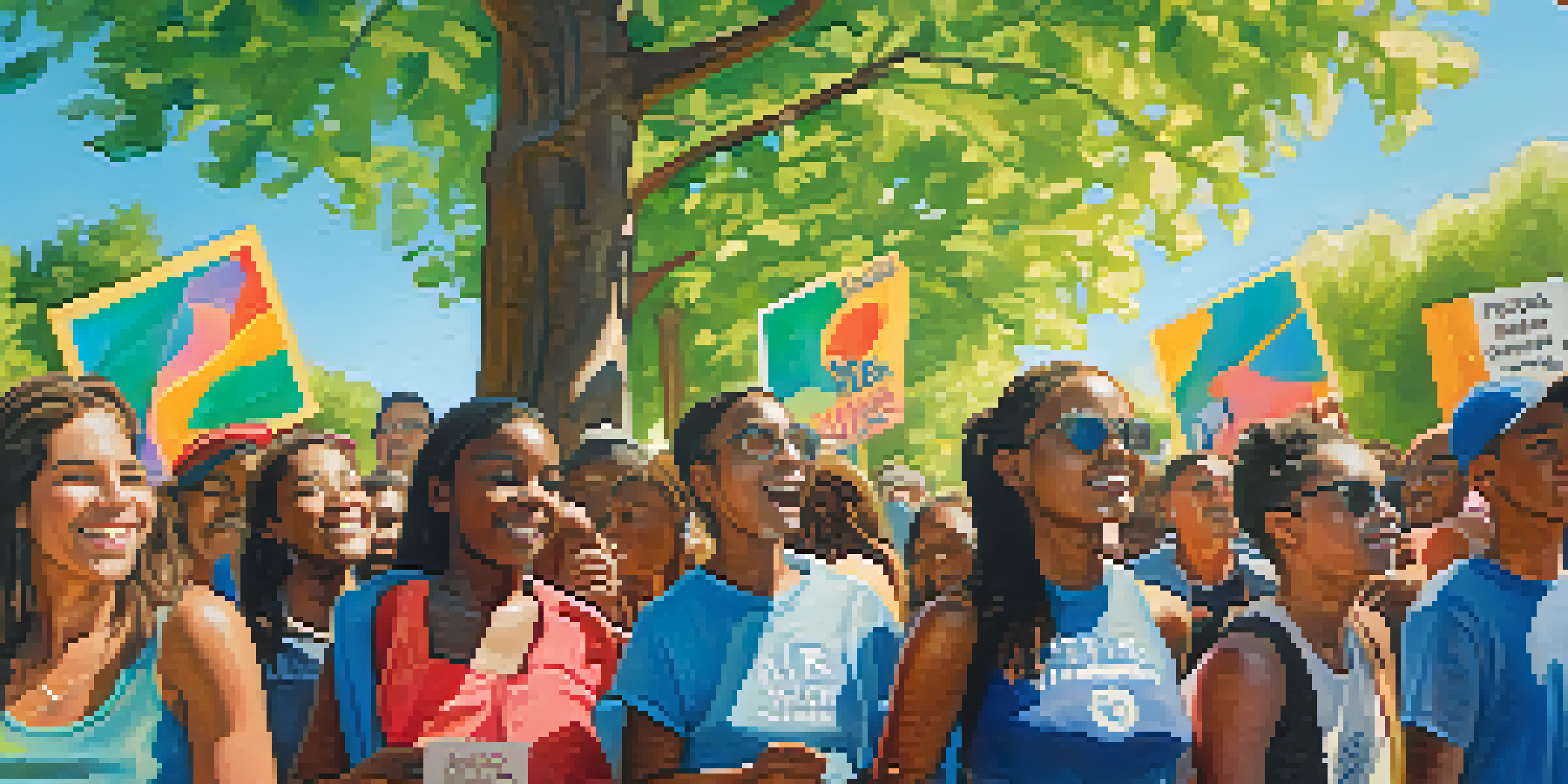 A diverse group of young activists holding colorful signs at a community event in Boulder, surrounded by nature.