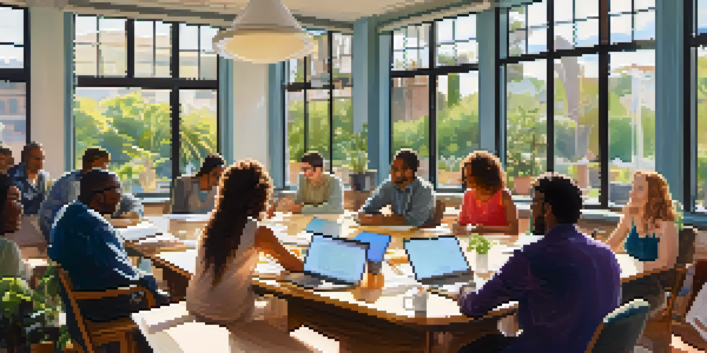 A diverse group of people in a bright room engaged in a community meeting, surrounded by papers and plants.