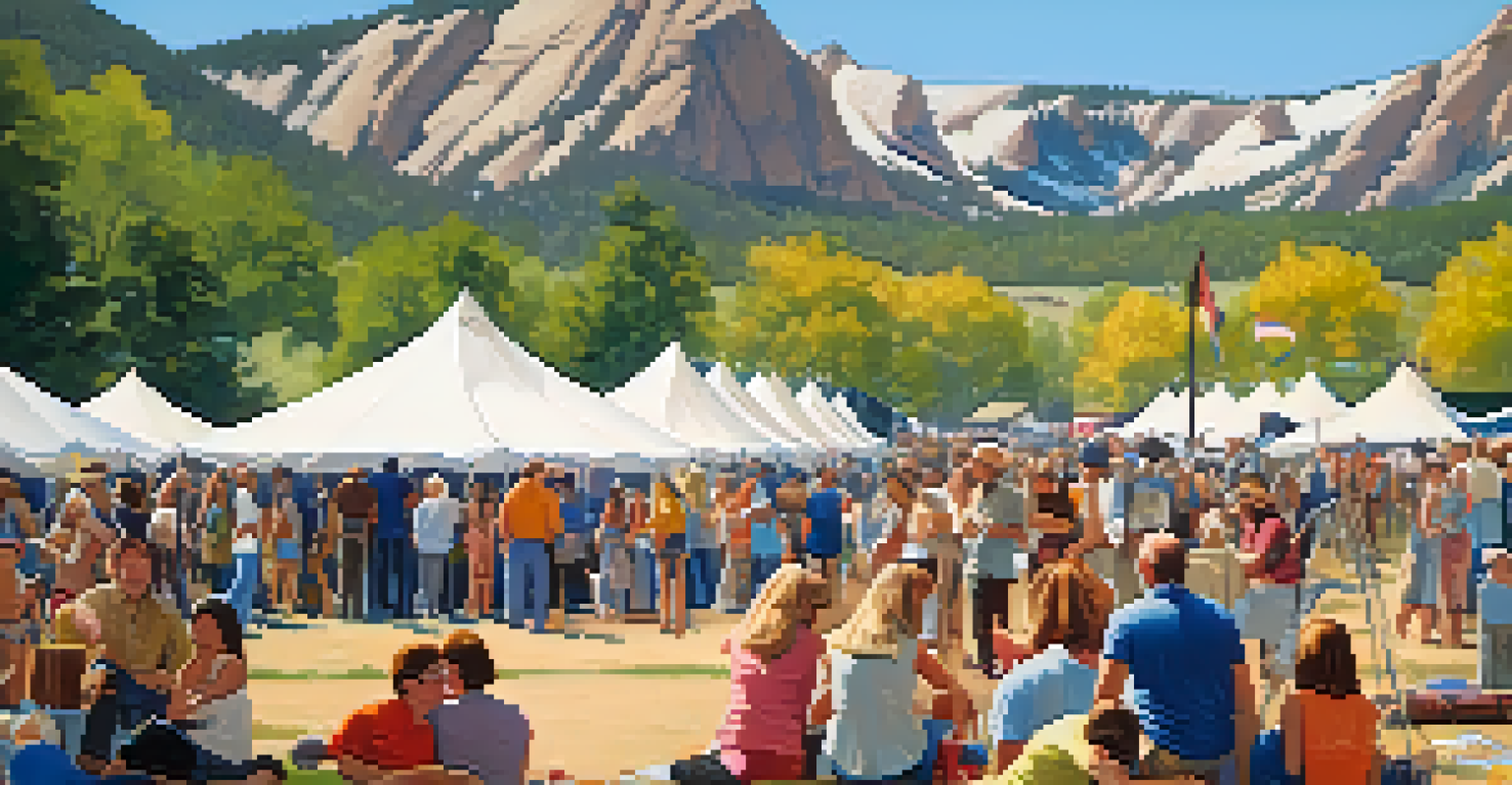 An outdoor art festival in Boulder during the 1970s with artists, colorful tents, and the Flatirons mountains in the background.