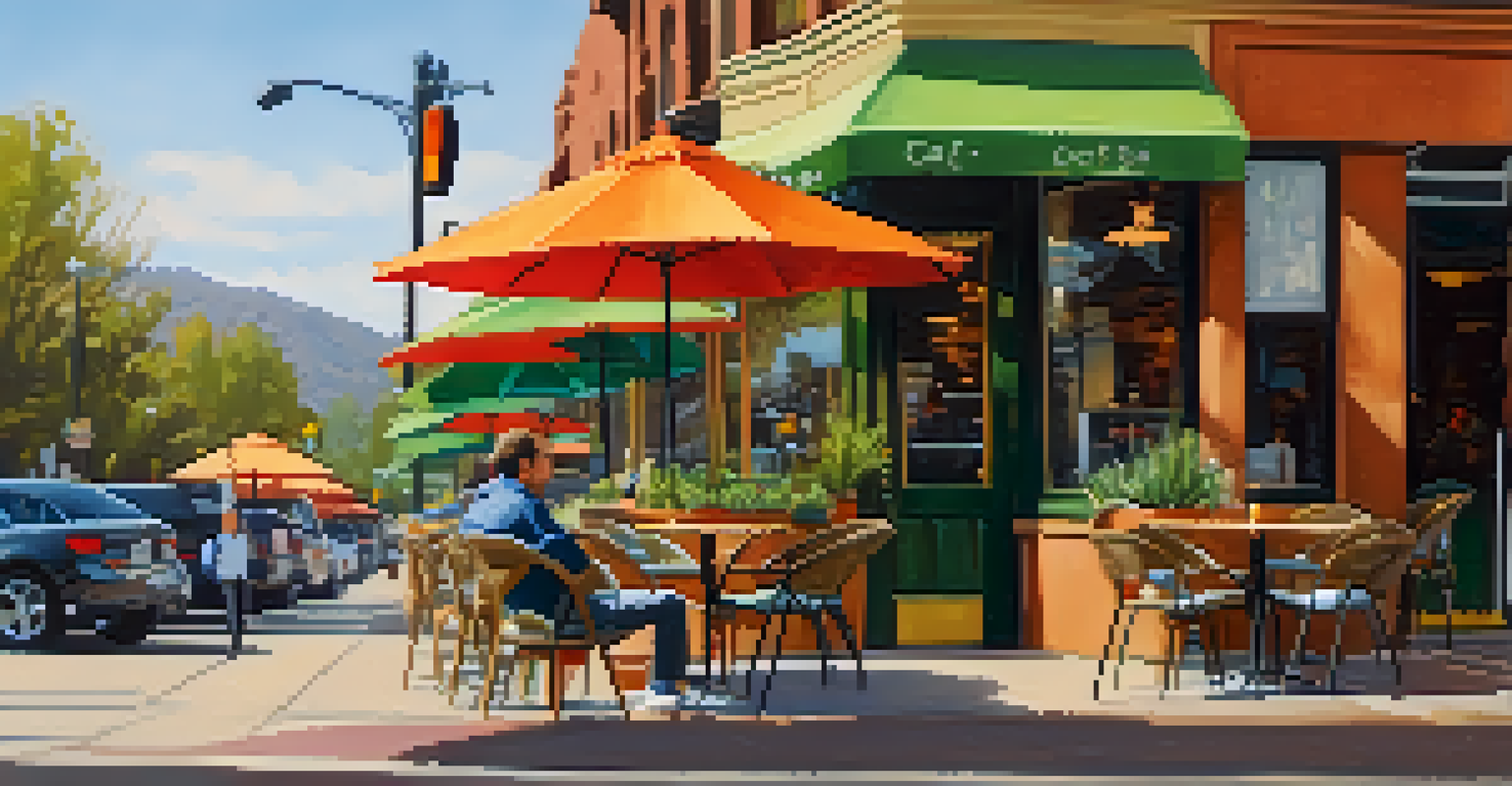 A café with outdoor seating where a person enjoys breakfast while their dog relaxes nearby, surrounded by colorful umbrellas and plants.