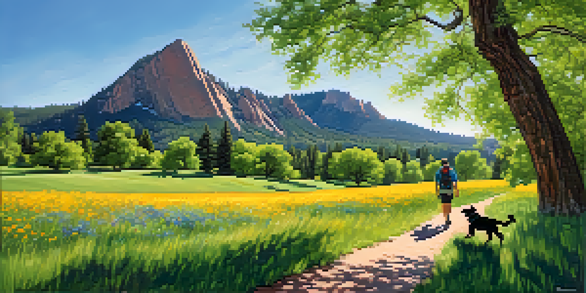 A hiker with a dog on a trail in Chautauqua Park, surrounded by beautiful wildflowers and the Flatirons in the background.