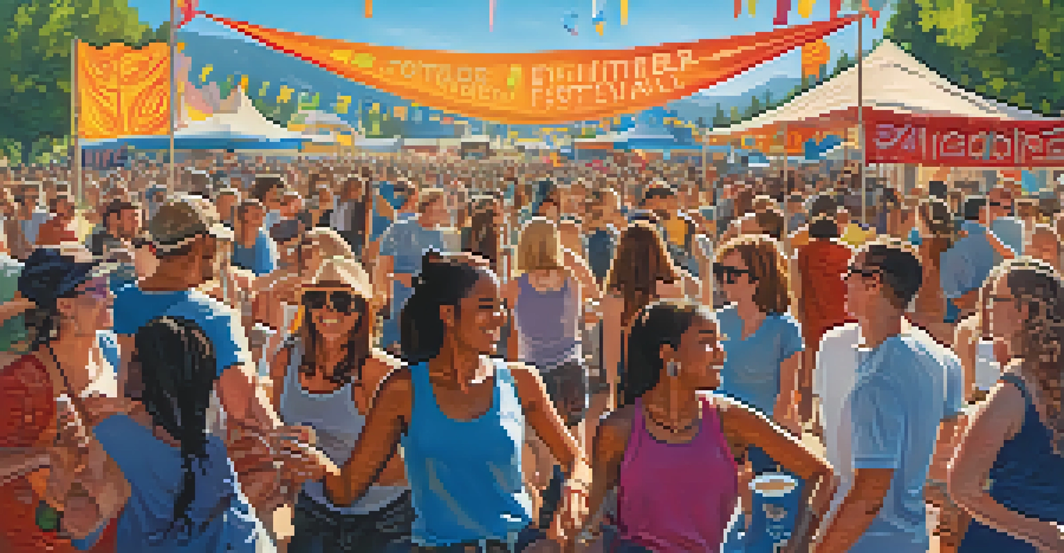 A vibrant outdoor music festival with people dancing and food stalls under a clear blue sky.