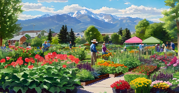 A community garden in Boulder with people planting and harvesting vegetables, surrounded by lush greenery and mountains in the background.