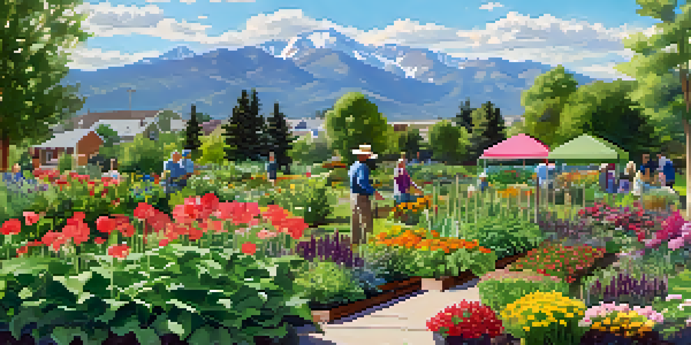 A community garden in Boulder with people planting and harvesting vegetables, surrounded by lush greenery and mountains in the background.