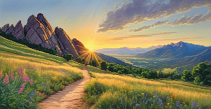 A scenic view of the Flatirons Vista Trail with hikers and colorful wildflowers at sunset.