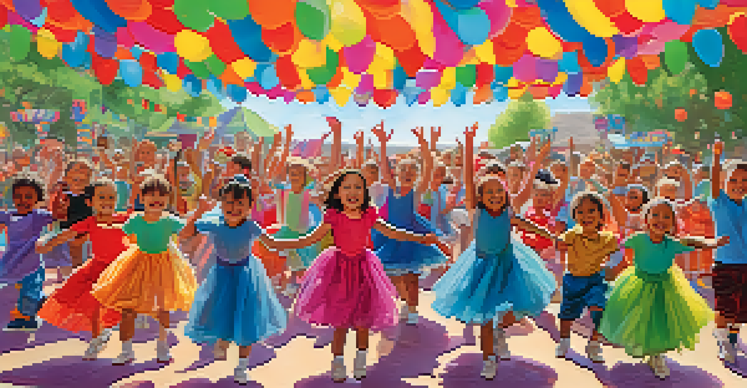 Children performing a dance routine on stage at a community festival, dressed in bright costumes, with an engaged audience in the background.