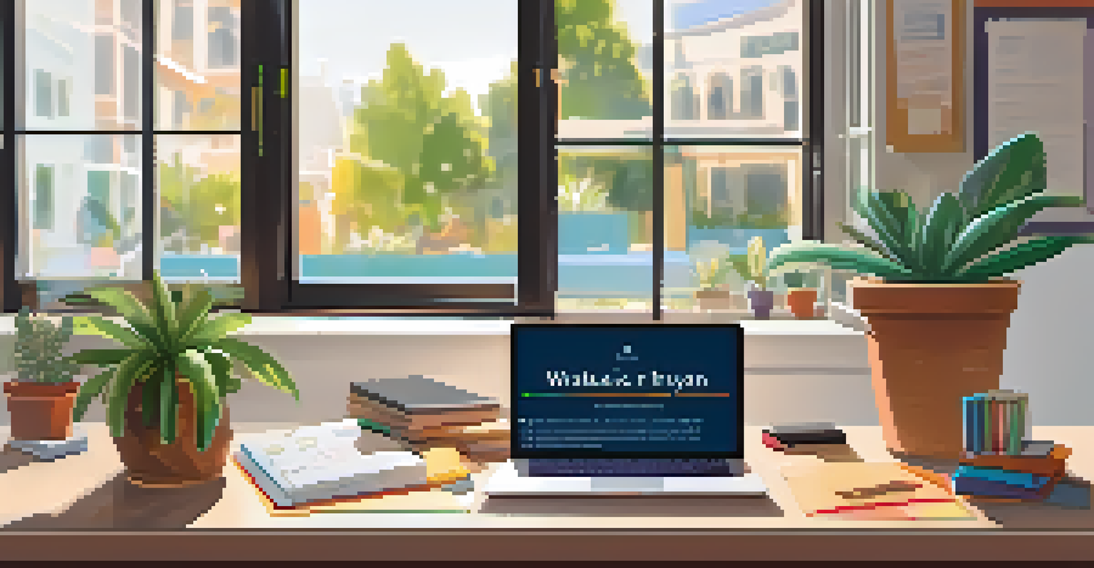 An online learning workspace with a laptop, notebooks, pens, a potted plant, and motivational quotes on the wall.