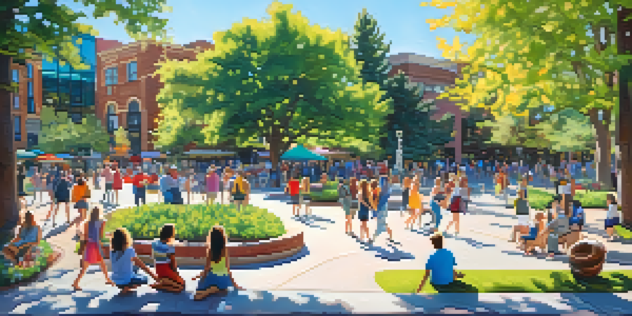 A colorful sculpture titled 'The Boulder Dancers' in a park, with people enjoying the sunny day around it.