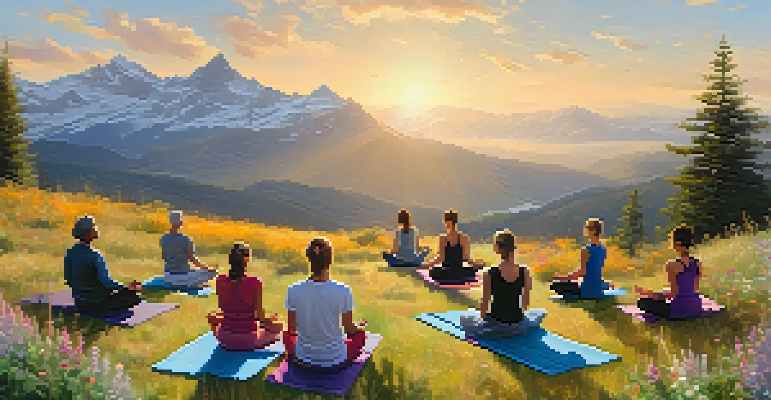 Participants practicing yoga outdoors on a hillside with the Rocky Mountains in the background, creating a peaceful and serene atmosphere.