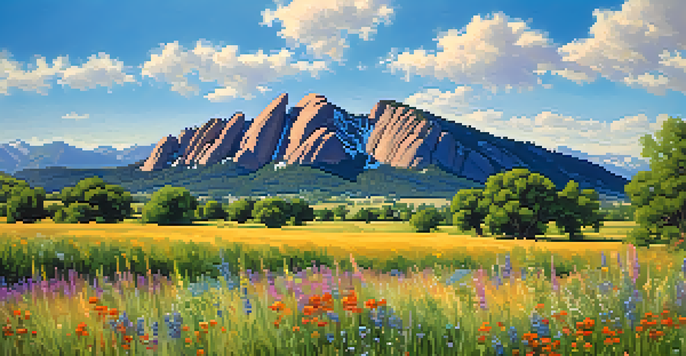 A scenic view of Boulder, Colorado, with the Flatirons and colorful wildflowers in the foreground under a sunny sky.