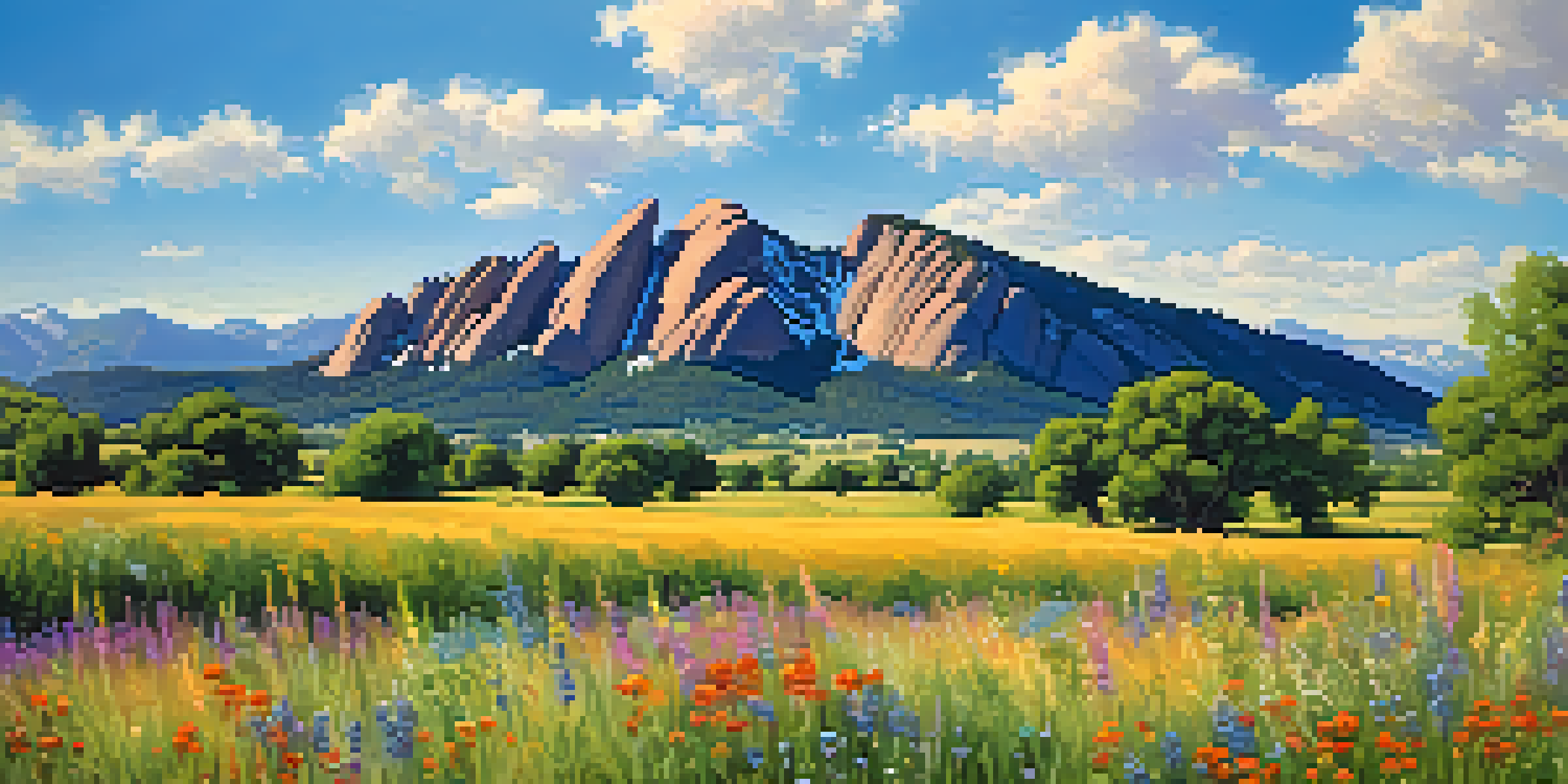 A scenic view of Boulder, Colorado, with the Flatirons and colorful wildflowers in the foreground under a sunny sky.