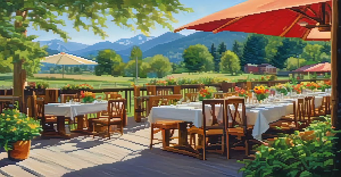 An outdoor dining setup with a wooden table filled with vibrant dishes, against the backdrop of the Flatirons in Boulder, with twinkling lights overhead.