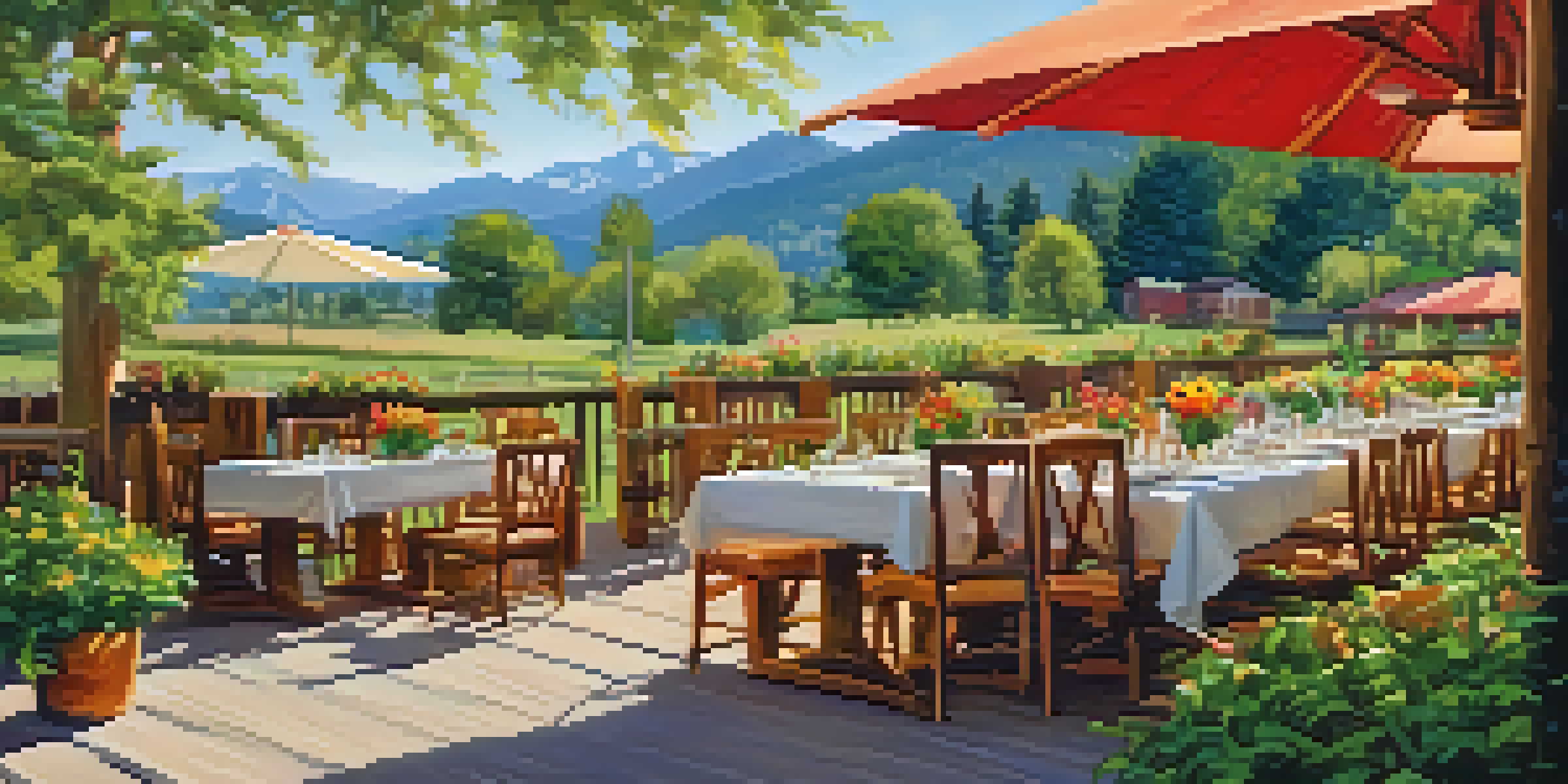 An outdoor dining setup with a wooden table filled with vibrant dishes, against the backdrop of the Flatirons in Boulder, with twinkling lights overhead.