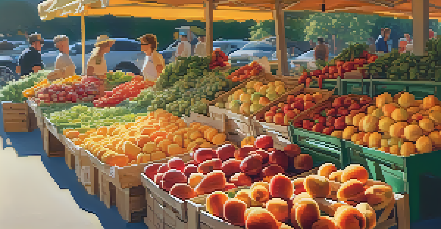 A colorful summer farmers' market with ripe peaches, tomatoes, and bell peppers under warm evening light, showcasing a community atmosphere.