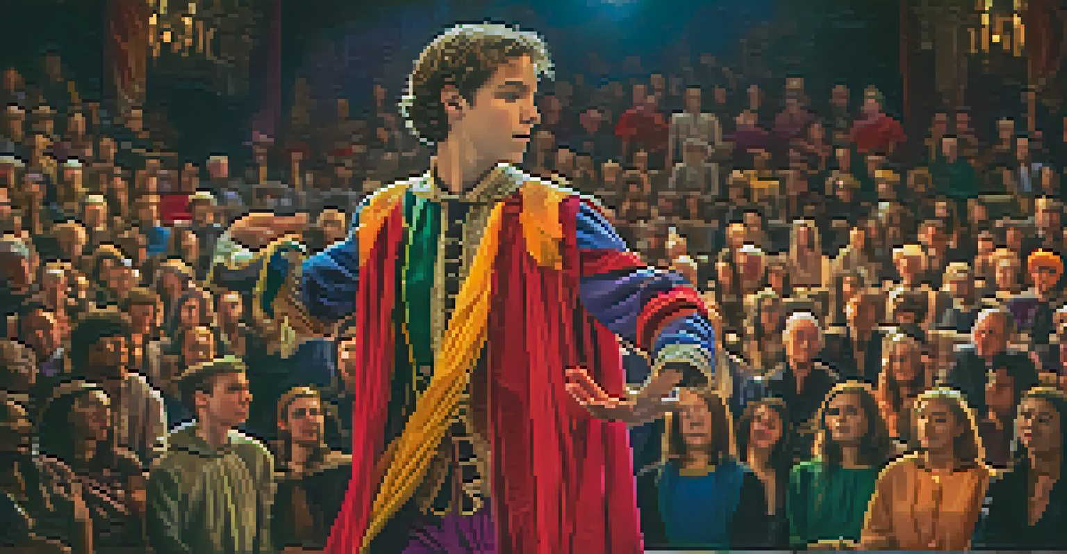 A young actor in a vibrant costume passionately performing on stage with an engaged audience in the background.
