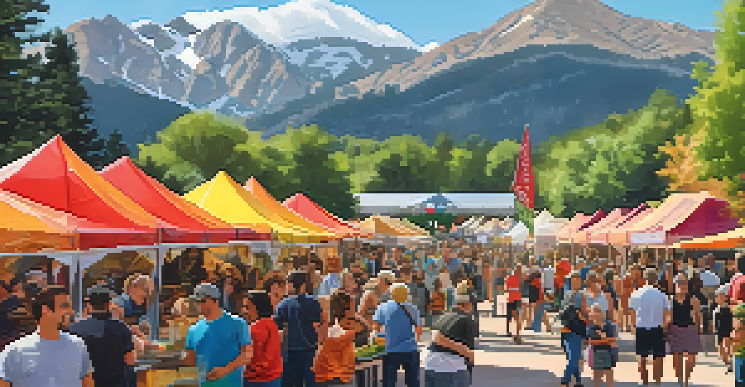 A vibrant outdoor vegan food festival in Boulder with diverse food stalls and people enjoying plant-based dishes against a mountain backdrop.