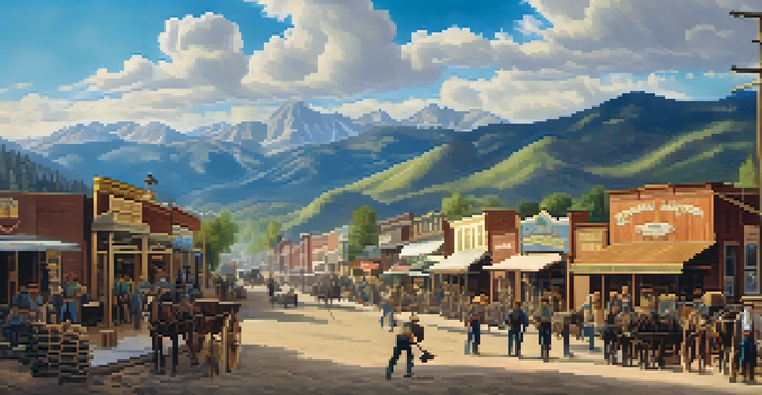 A historical depiction of Boulder, Colorado, during the gold rush with miners working, mountains, and town activity.