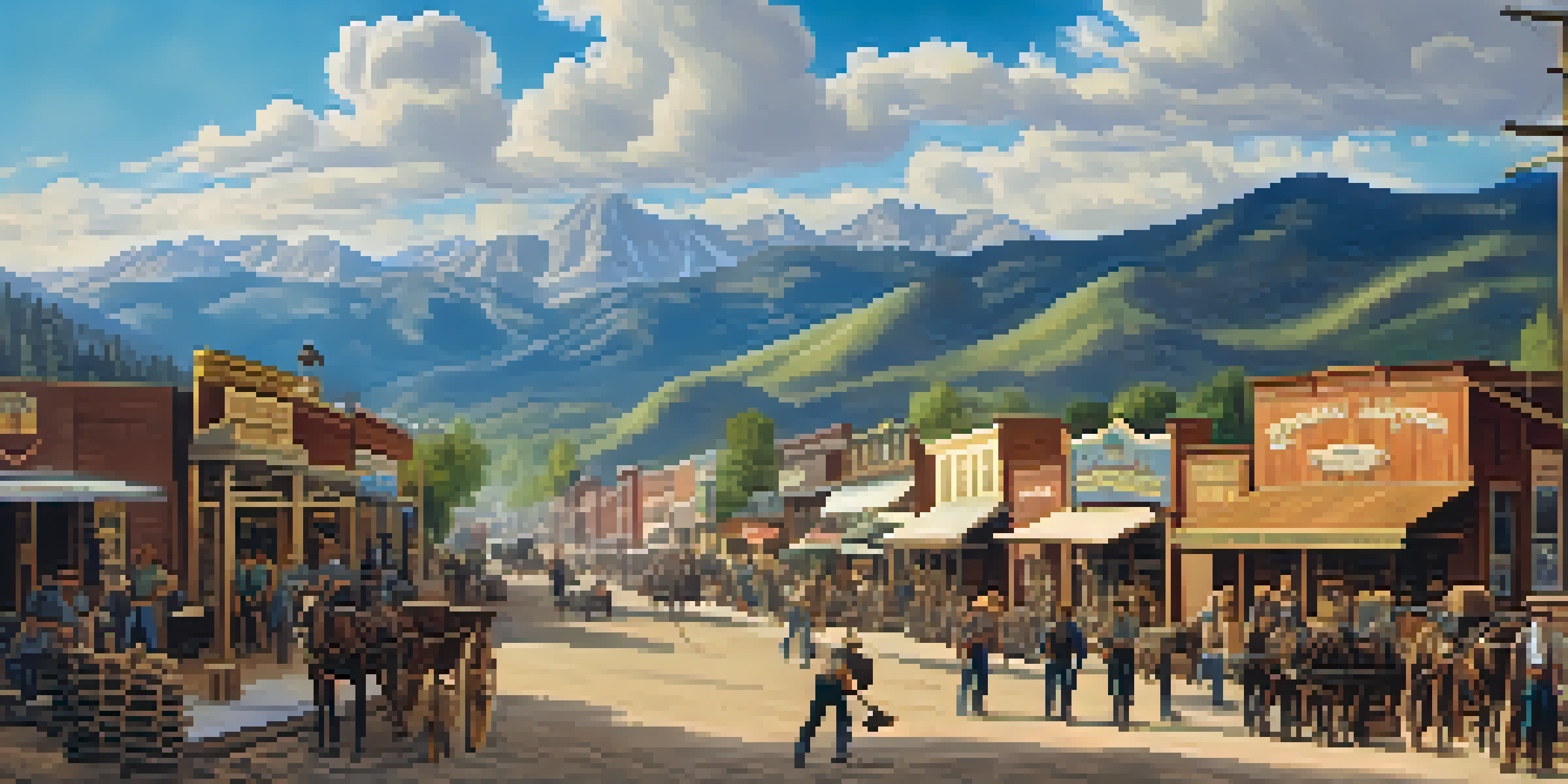 A historical depiction of Boulder, Colorado, during the gold rush with miners working, mountains, and town activity.