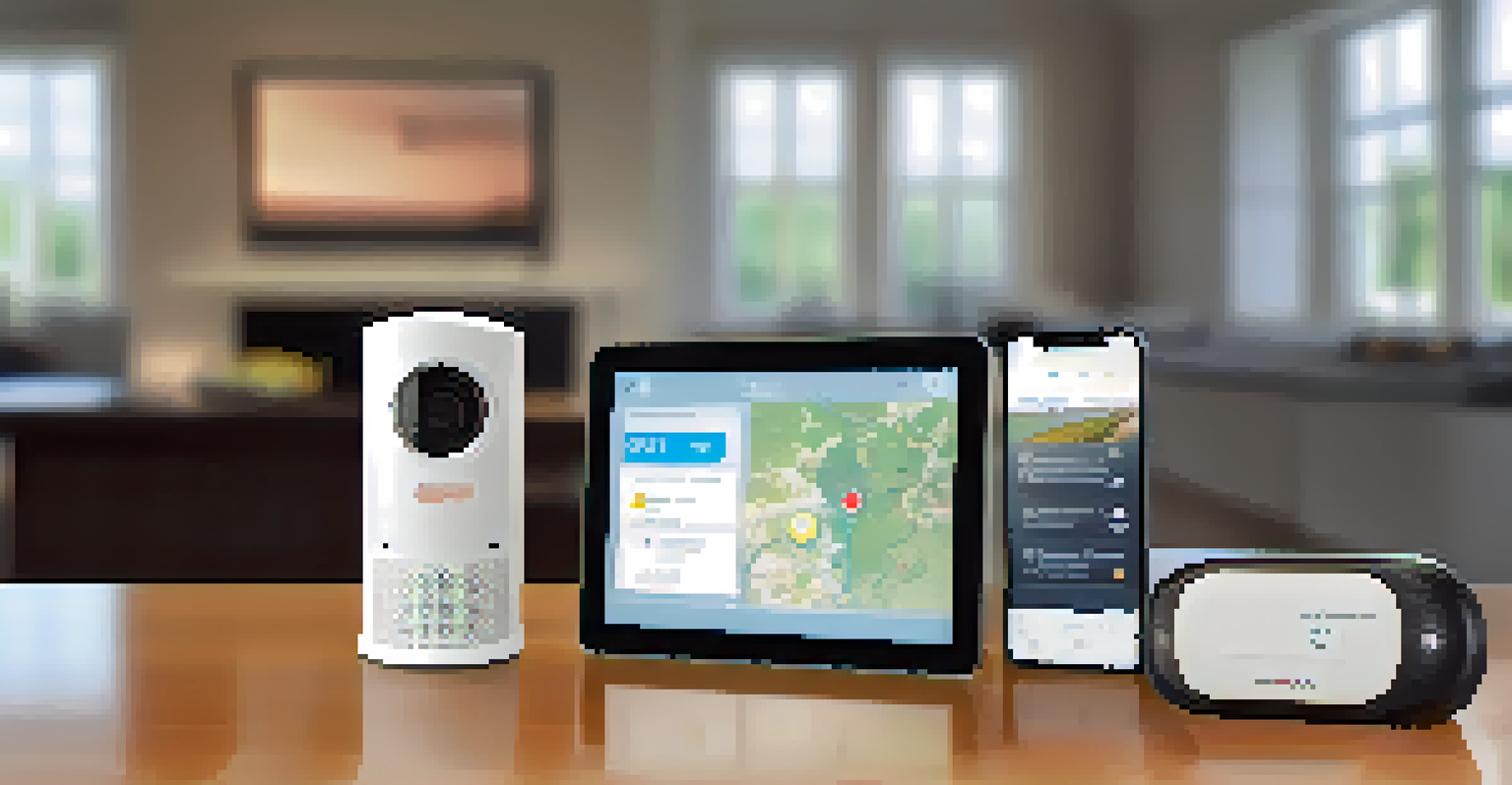 Smart technology devices for disaster preparedness, including a smoke detector and a mobile app, in a modern home environment.