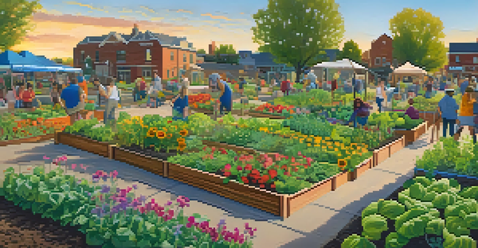 A community garden in Boulder with diverse residents engaging in gardening activities under a warm sunset.