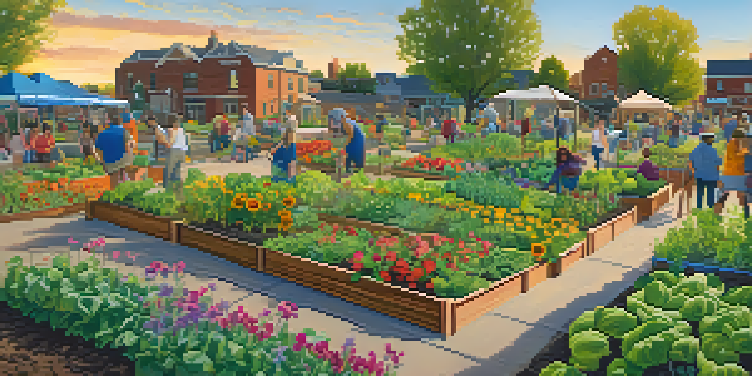 A community garden in Boulder with diverse residents engaging in gardening activities under a warm sunset.