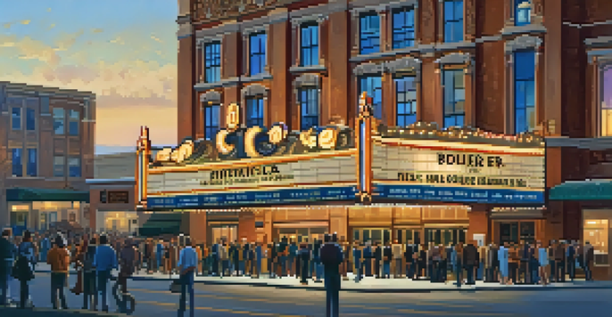 An exterior view of the historic Boulder Theater at dusk, with warm lights illuminating its facade and a diverse crowd gathered outside.
