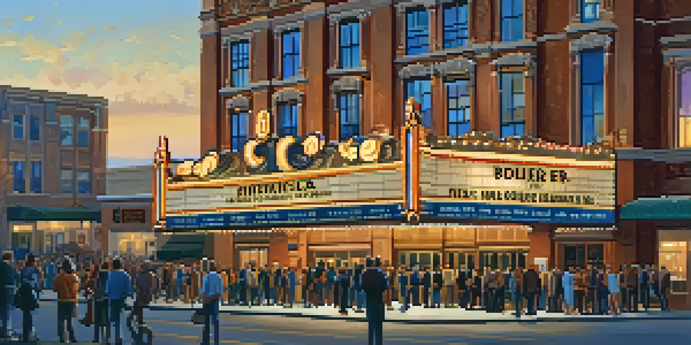 An exterior view of the historic Boulder Theater at dusk, with warm lights illuminating its facade and a diverse crowd gathered outside.