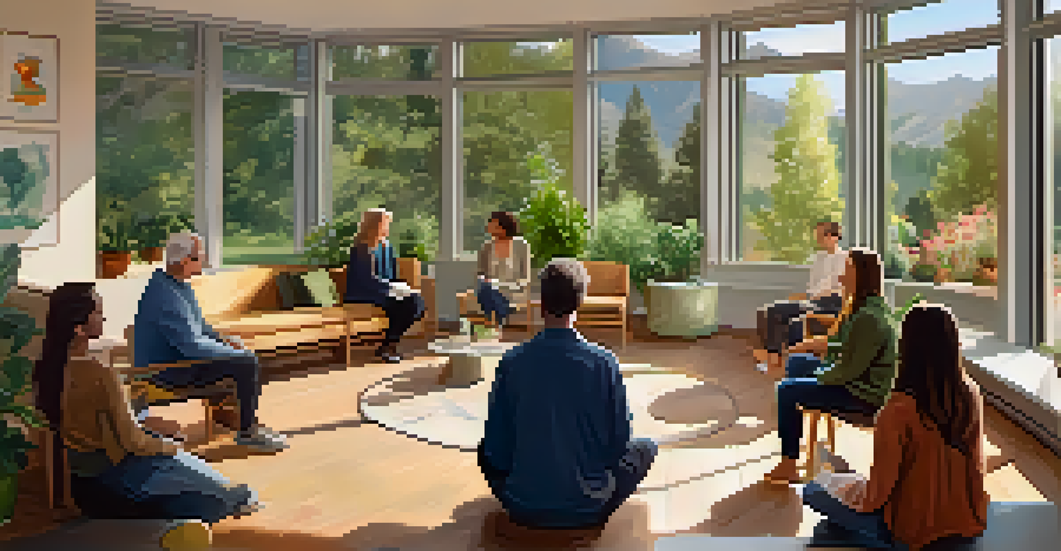 A community forum on mental health with residents seated in a circle, discussing in a cozy indoor space with natural light.