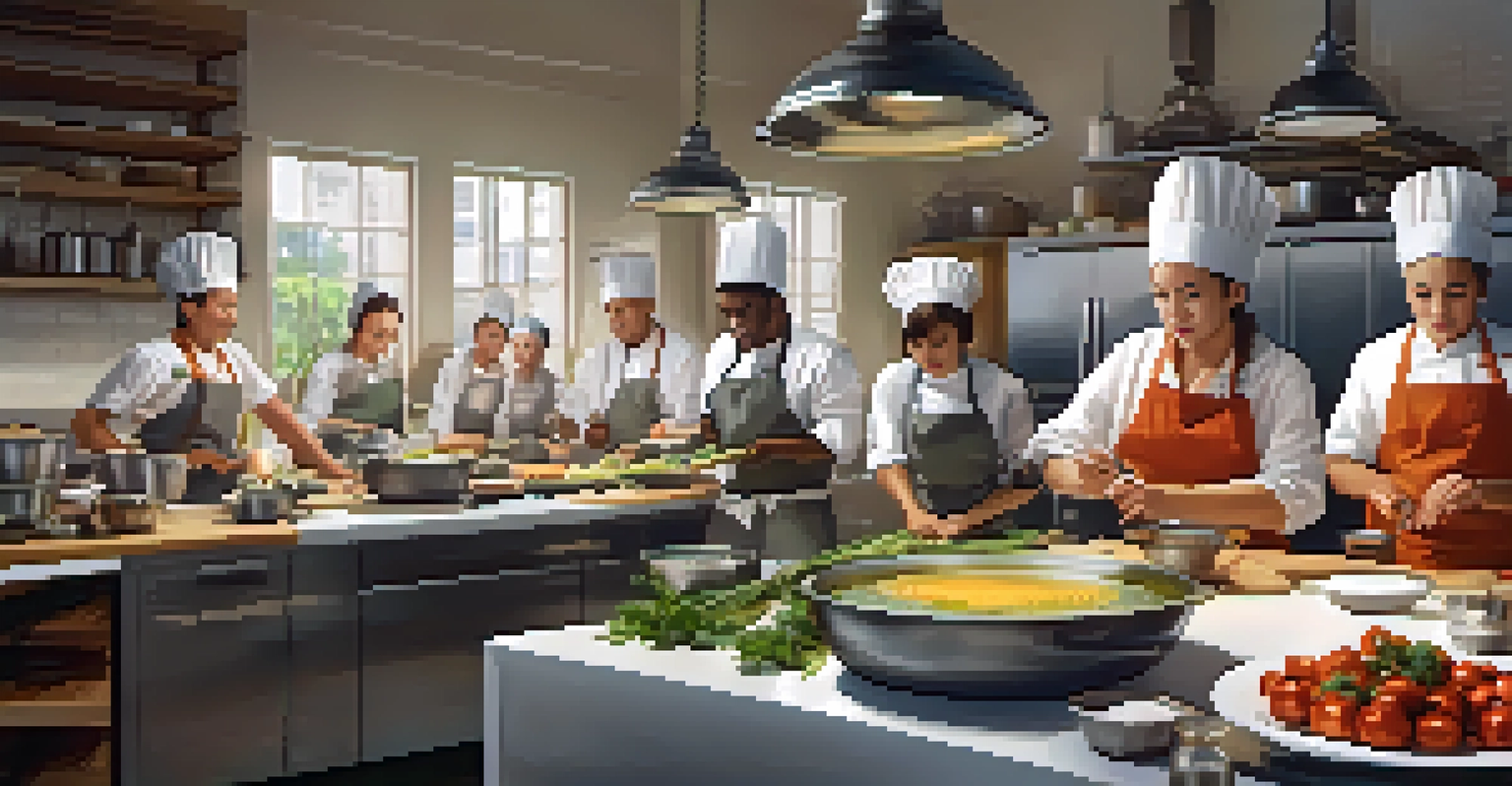 A cooking class with a diverse group of aspiring chefs learning in a bright, modern kitchen from a seasoned instructor.