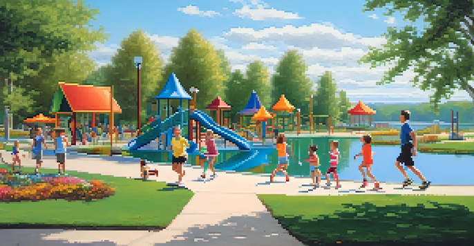 A family jogging around a lake with children playing in the background.