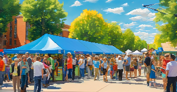 A lively community event in Boulder featuring solar panels, educational booths, and residents interacting in a sunny outdoor setting.