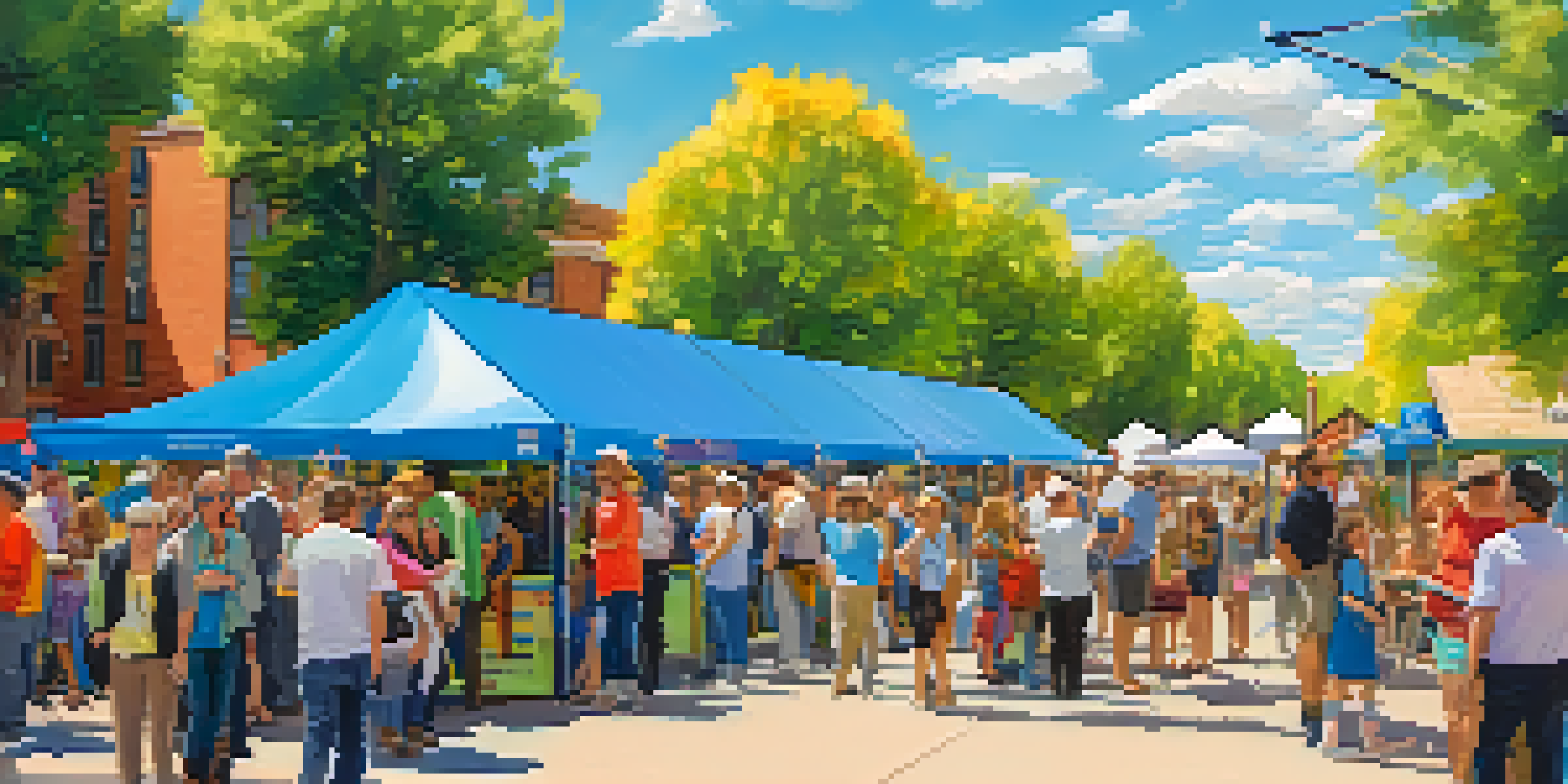 A lively community event in Boulder featuring solar panels, educational booths, and residents interacting in a sunny outdoor setting.