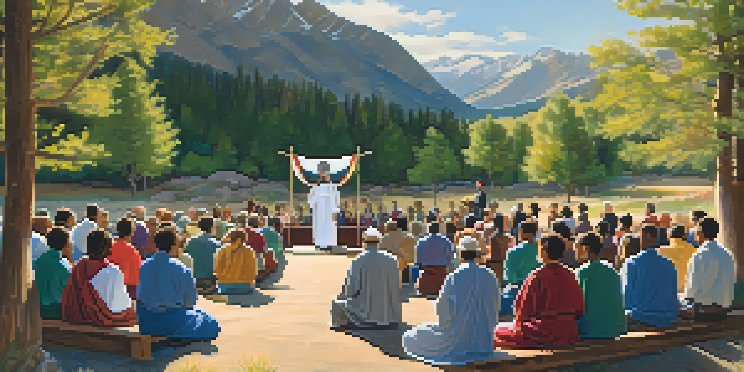 A diverse group of people gathered for an outdoor worship service with mountains in the background, colorful banners around, and sunlight filtering through the trees.