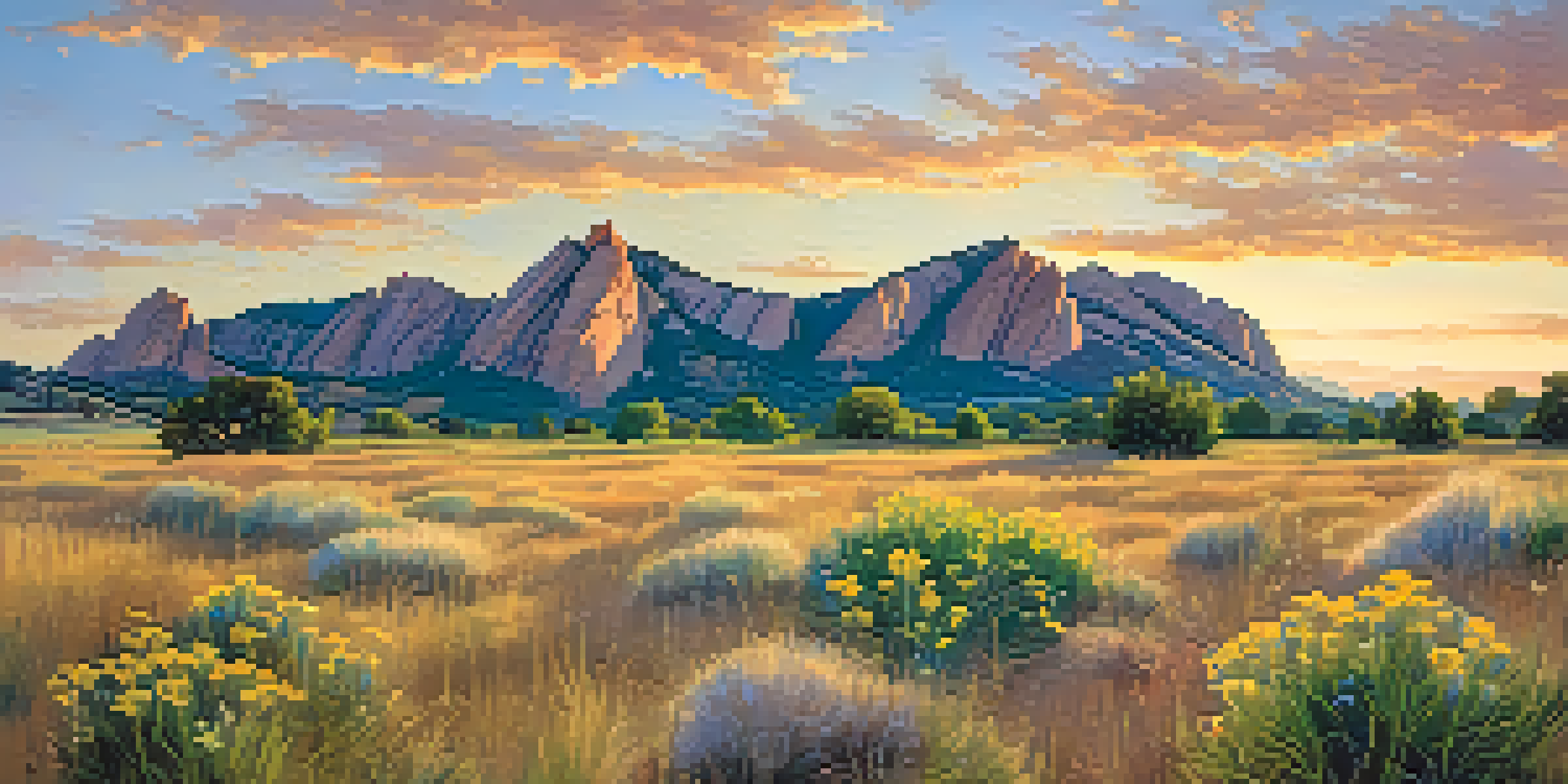 A panoramic view of the Flatirons during sunrise, highlighted by golden light and surrounded by colorful wildflowers.