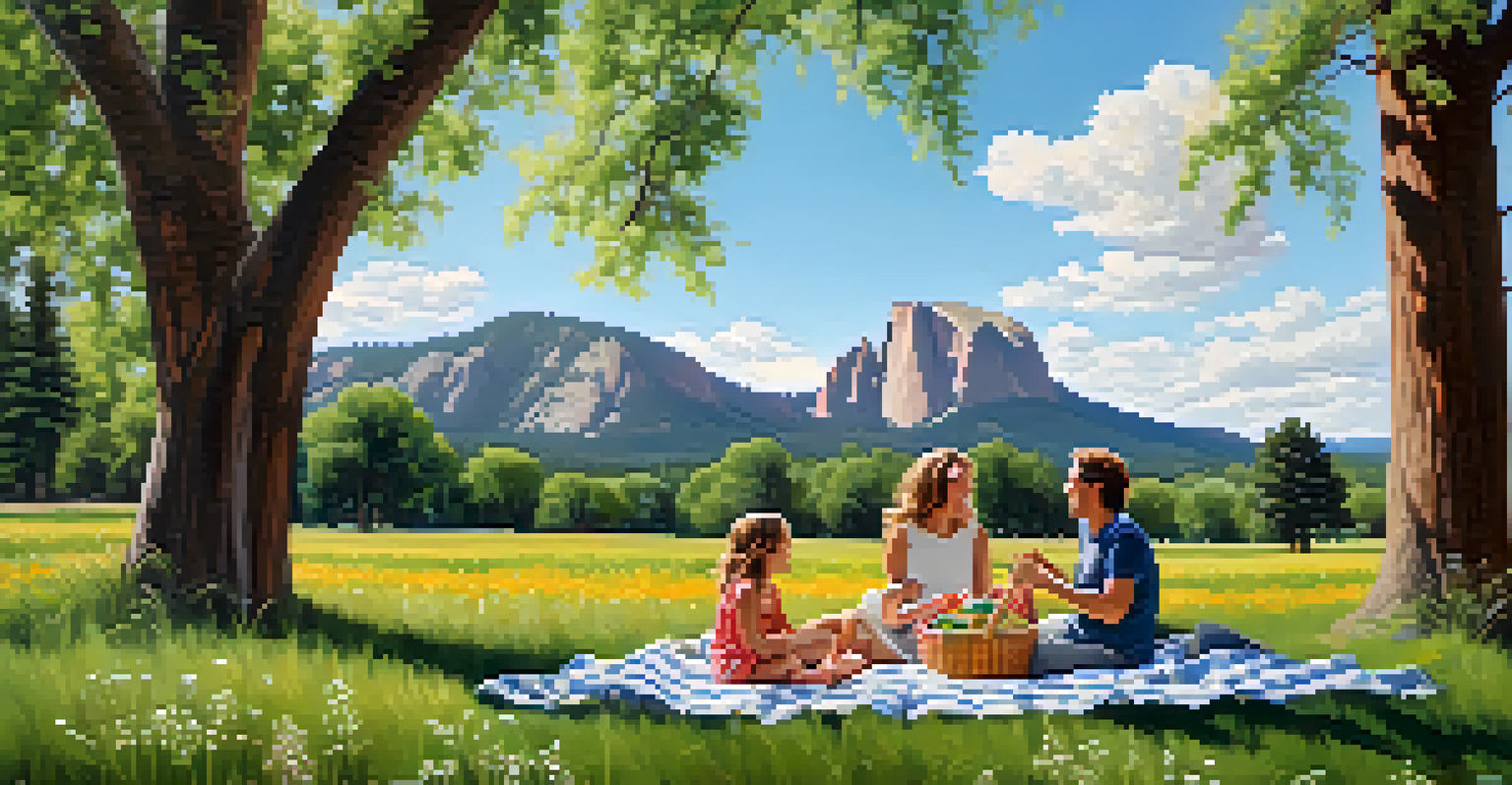 A family having a picnic in a picturesque park, with children playing and wildflowers blooming around them.
