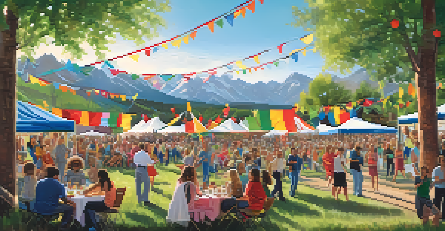 A community event featuring music and dance in Boulder, with people of various ages enjoying performances in a beautifully decorated outdoor space with mountains in the background.