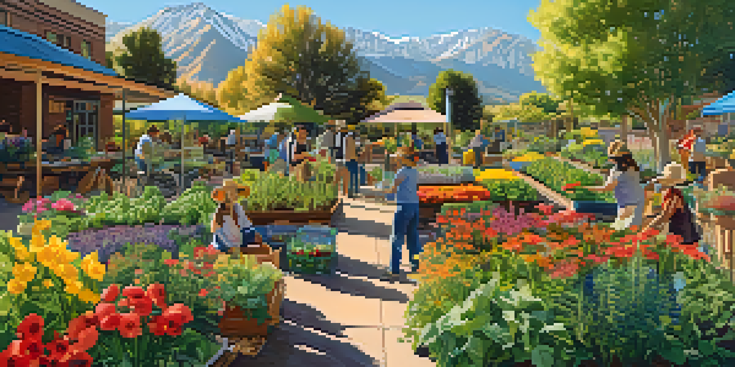 A lively community garden in Boulder with people gardening together, surrounded by colorful flowers and vegetables, under a sunny sky.