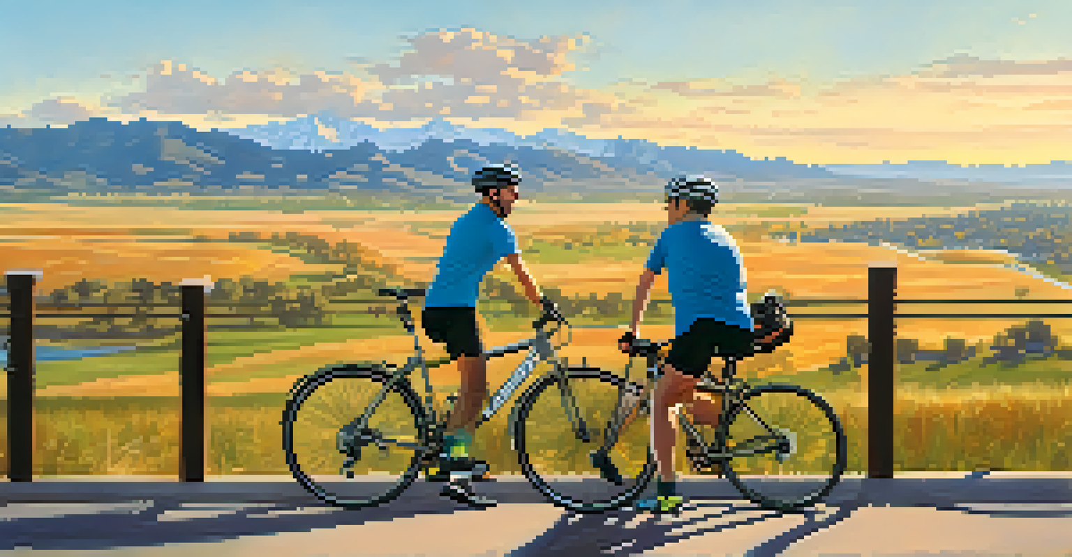 Two cyclists laughing together at a scenic overlook in Boulder, with a beautiful landscape view in the background during golden hour.