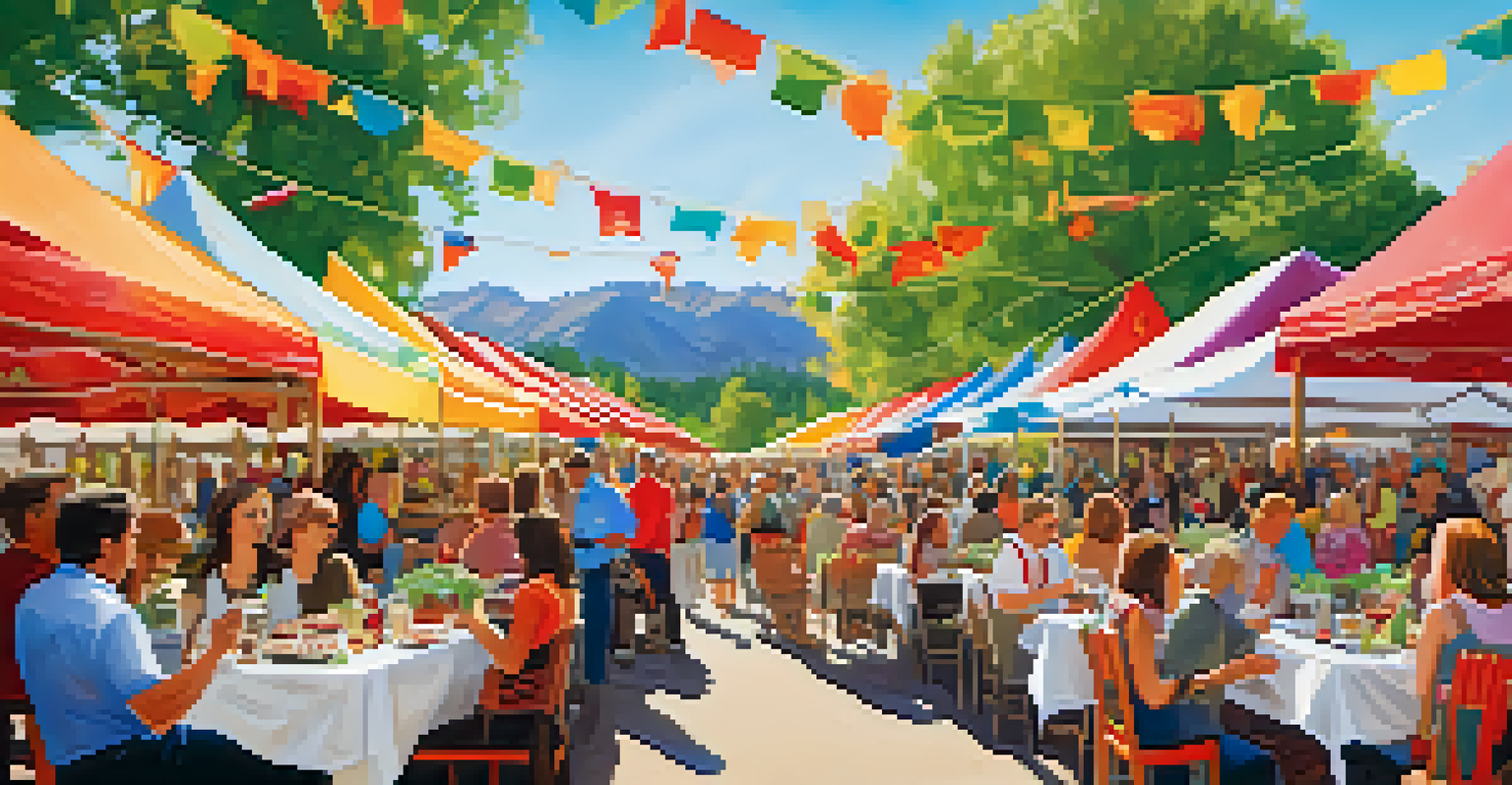 A long table of gourmet dishes and beverages at the Flatirons Food Festival, with a live band in the background and attendees enjoying the event.