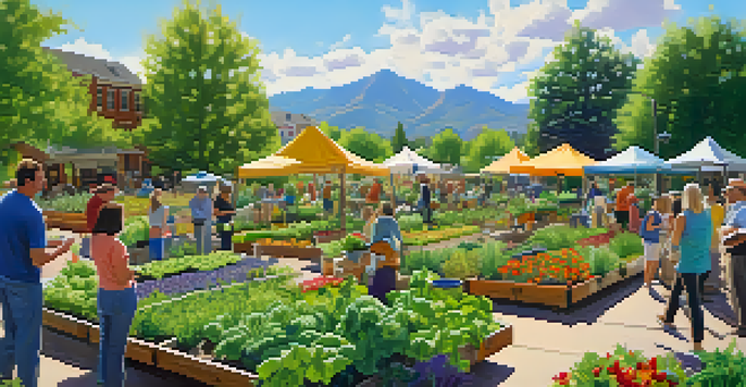 A community garden in Boulder with people gardening, surrounded by colorful plants and vegetables under bright sunlight.