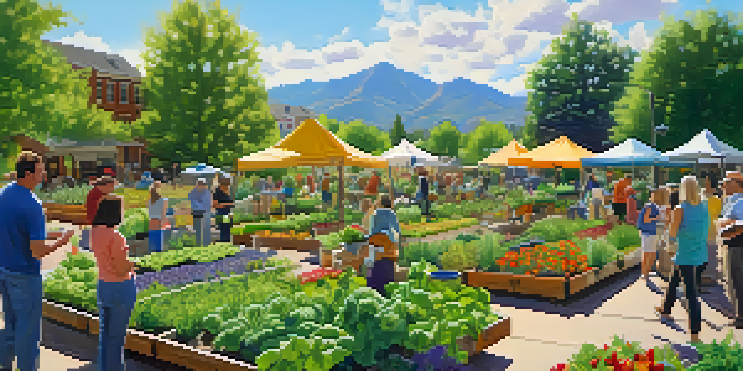 A community garden in Boulder with people gardening, surrounded by colorful plants and vegetables under bright sunlight.