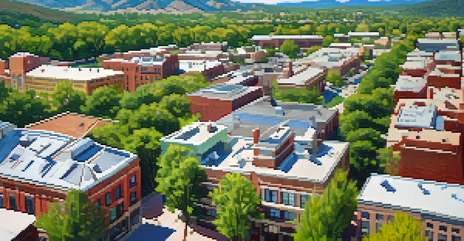 An aerial view of downtown Boulder displaying buildings with cool roofs, surrounded by greenery, under a bright sunny sky.