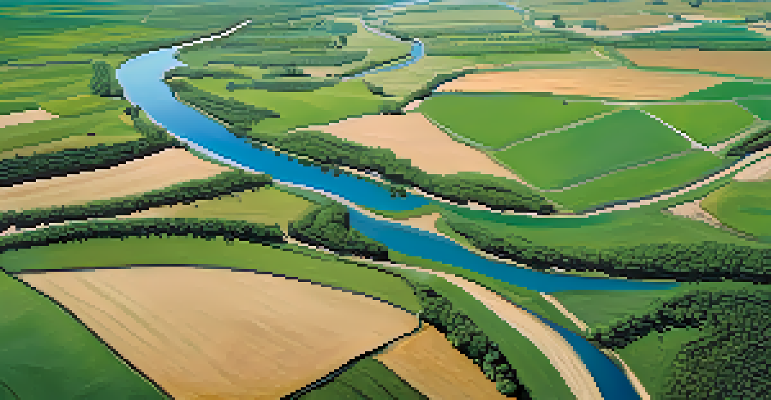 An aerial perspective of Boulder Creek and surrounding farmland, showcasing irrigation systems and farmers tending to crops with grazing livestock.
