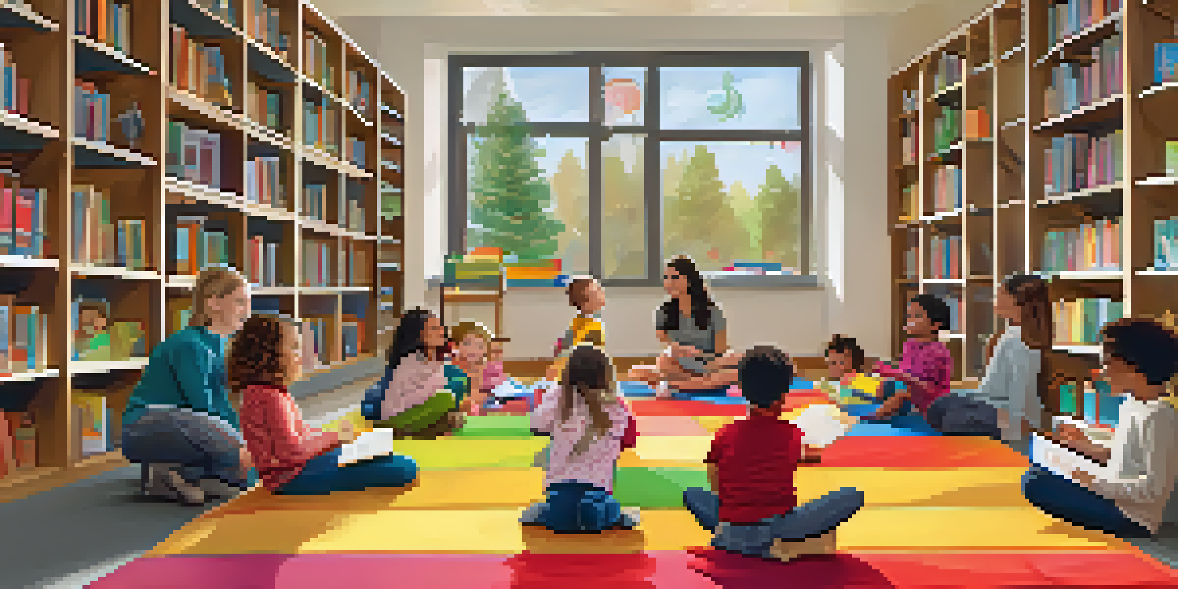 A cozy children's storytime session with children sitting on colorful mats, listening to a librarian reading a story in a bright library.